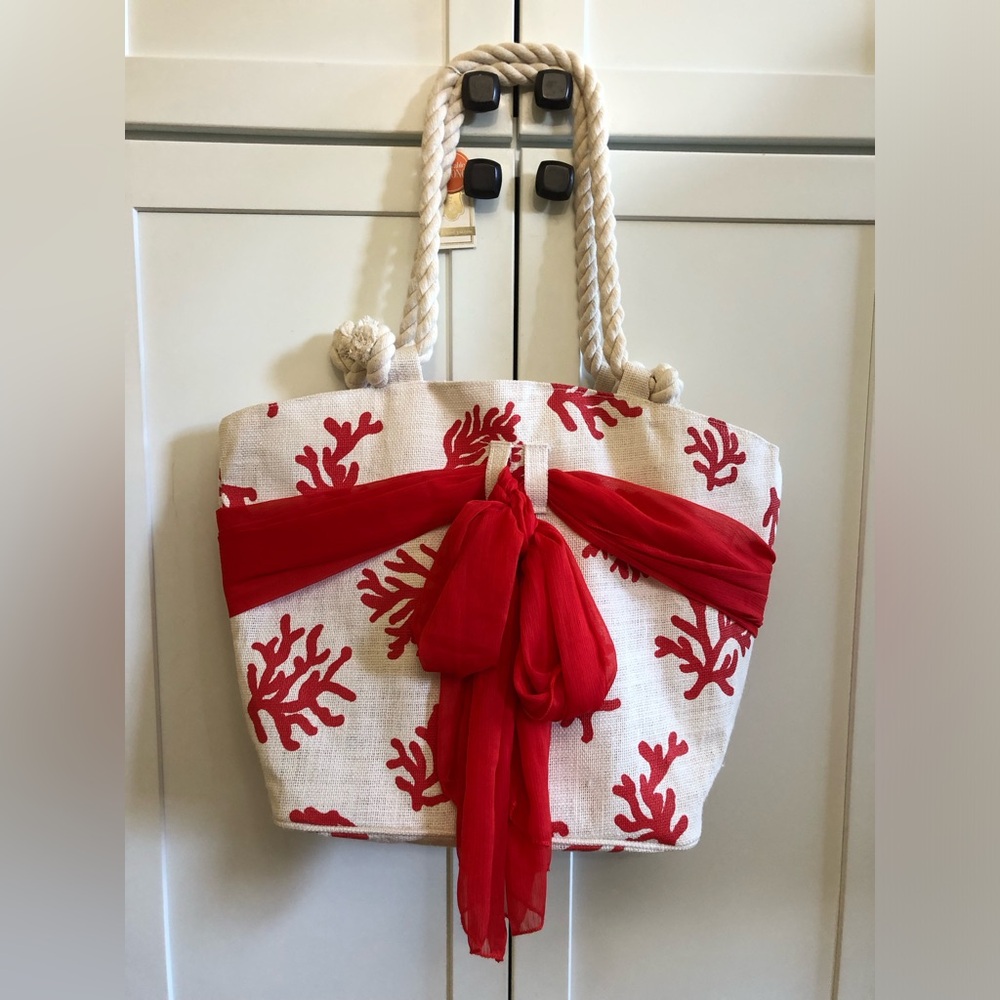Red Coral Print Beach Tote with Rope Handles